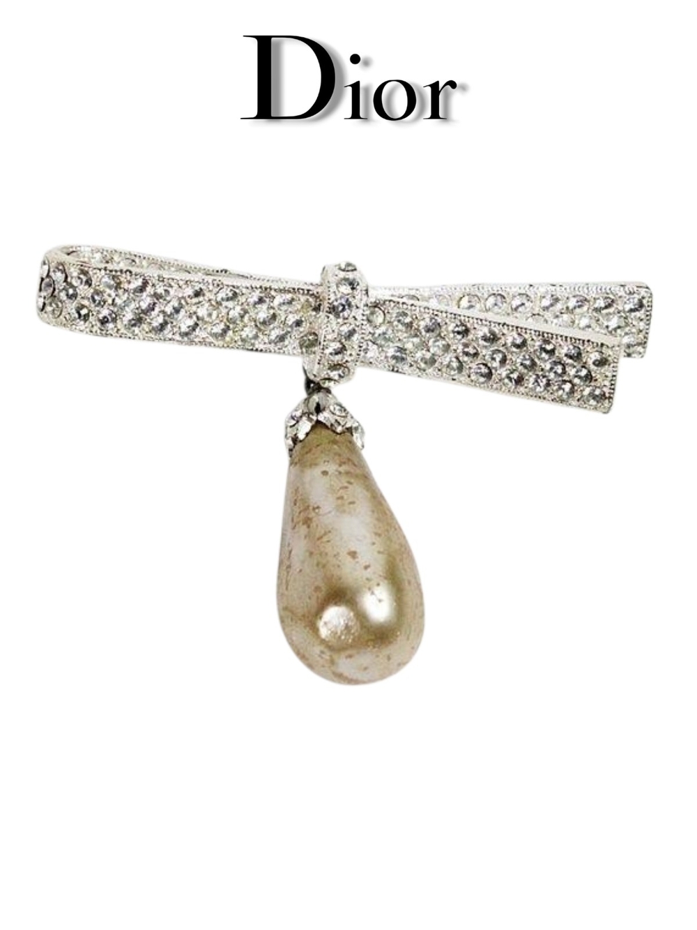 Dior Crystal Bow Brooch with Champagne Pearl Teardrop